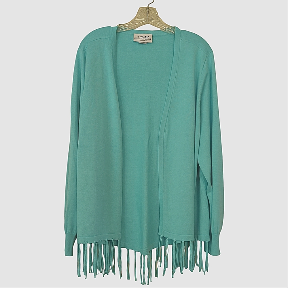 Back in the Saddle Open Front Long Tassel Cardigan Sweater 1X Turquoise
